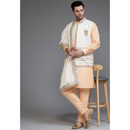 UTSAV FASHION Art Silk Peach Embroidered Kurta with Pyjama and Nehru Jacket