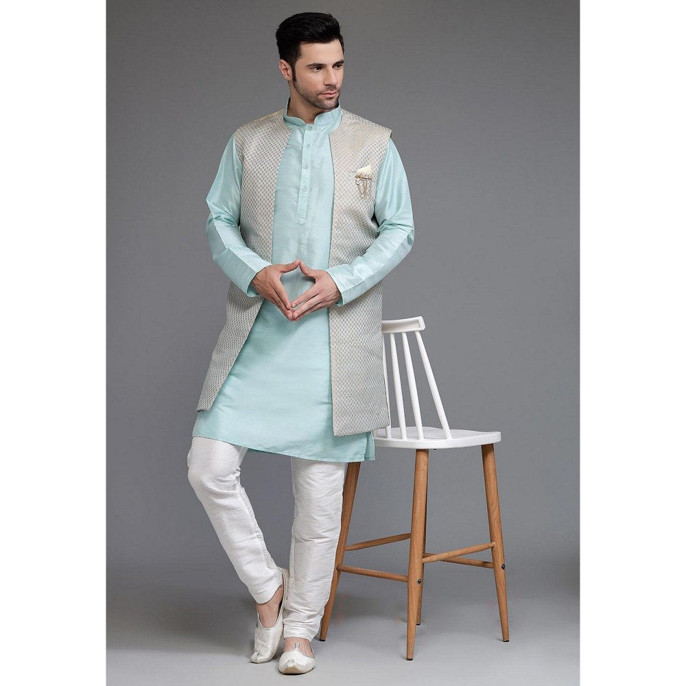 UTSAV FASHION Art Silk Sky Blue Jacquard Kurta with Pyjama and Nehru Jacket