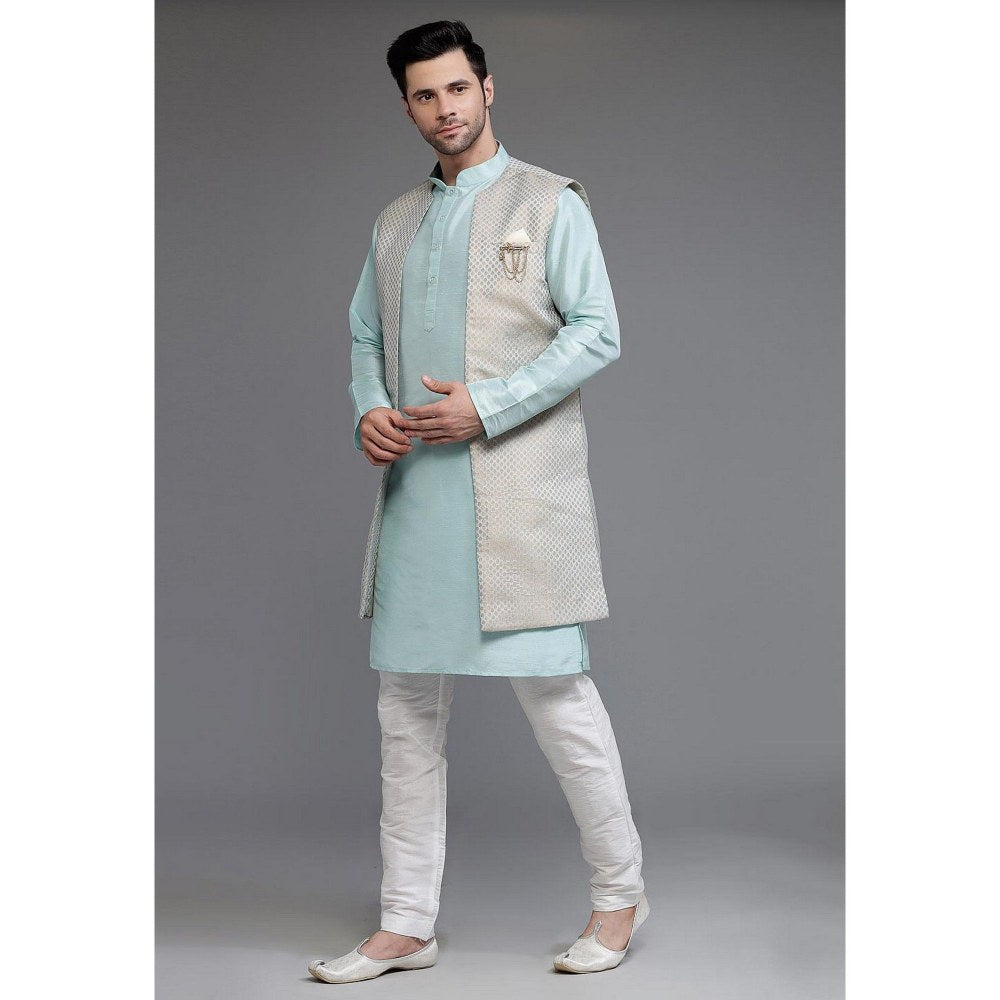 UTSAV FASHION Art Silk Sky Blue Jacquard Kurta with Pyjama and Nehru Jacket