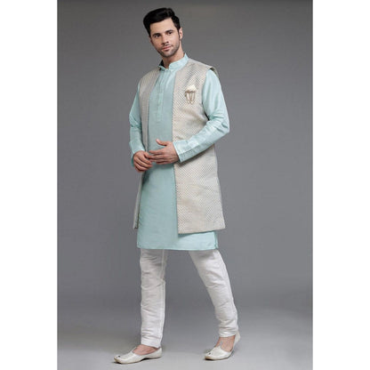UTSAV FASHION Art Silk Sky Blue Jacquard Kurta with Pyjama and Nehru Jacket