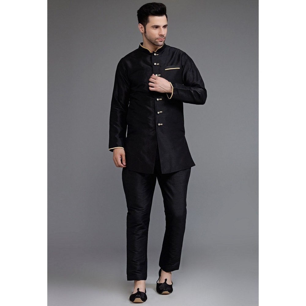 UTSAV FASHION Contrast Trim Black Dupion Silk Kurta with Pant