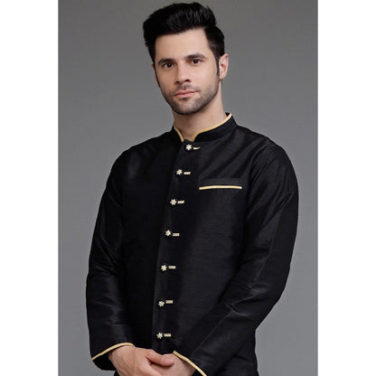UTSAV FASHION Contrast Trim Black Dupion Silk Kurta with Pant