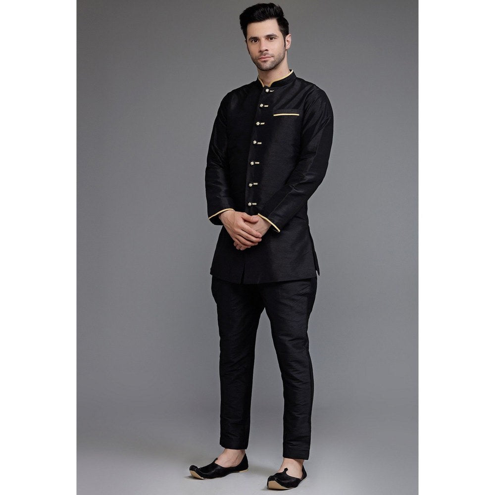 UTSAV FASHION Contrast Trim Black Dupion Silk Kurta with Pant