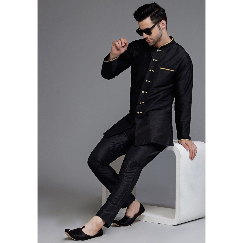 UTSAV FASHION Contrast Trim Black Dupion Silk Kurta with Pant