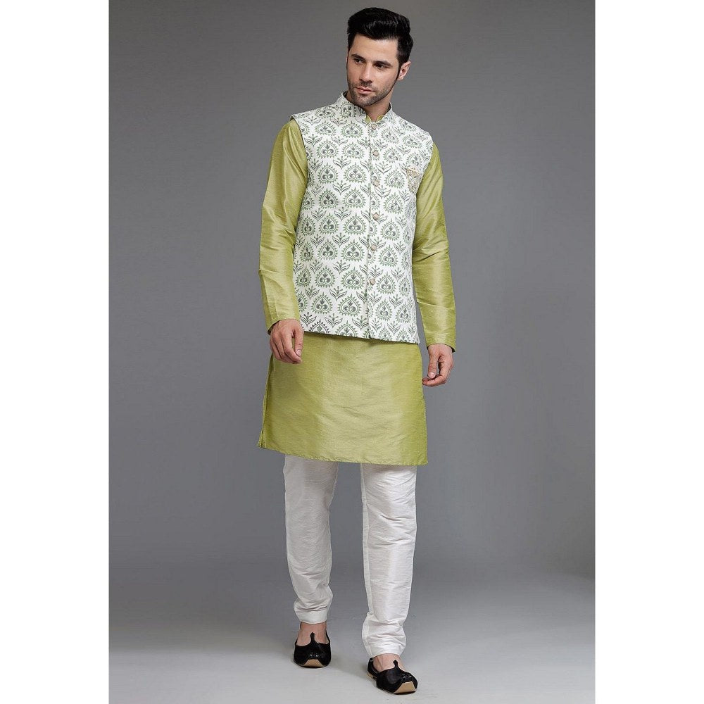 UTSAV FASHION Art Silk Olive Green Jacquard Kurta with Pyjama and Nehru Jacket