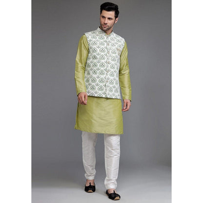 UTSAV FASHION Art Silk Olive Green Jacquard Kurta with Pyjama and Nehru Jacket