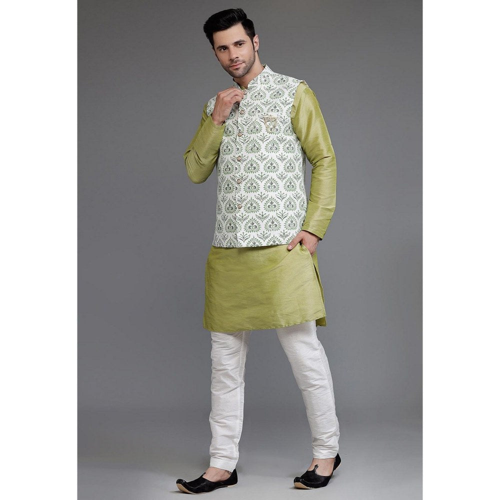 UTSAV FASHION Art Silk Olive Green Jacquard Kurta with Pyjama and Nehru Jacket