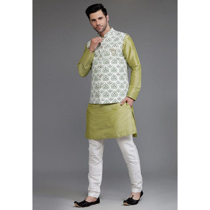 UTSAV FASHION Art Silk Olive Green Jacquard Kurta with Pyjama and Nehru Jacket
