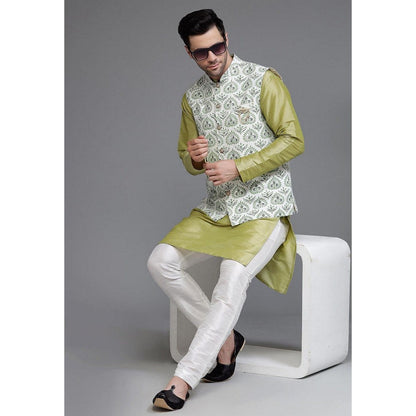 UTSAV FASHION Art Silk Olive Green Jacquard Kurta with Pyjama and Nehru Jacket