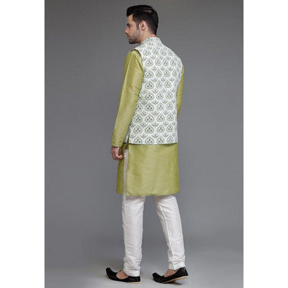 UTSAV FASHION Art Silk Olive Green Jacquard Kurta with Pyjama and Nehru Jacket