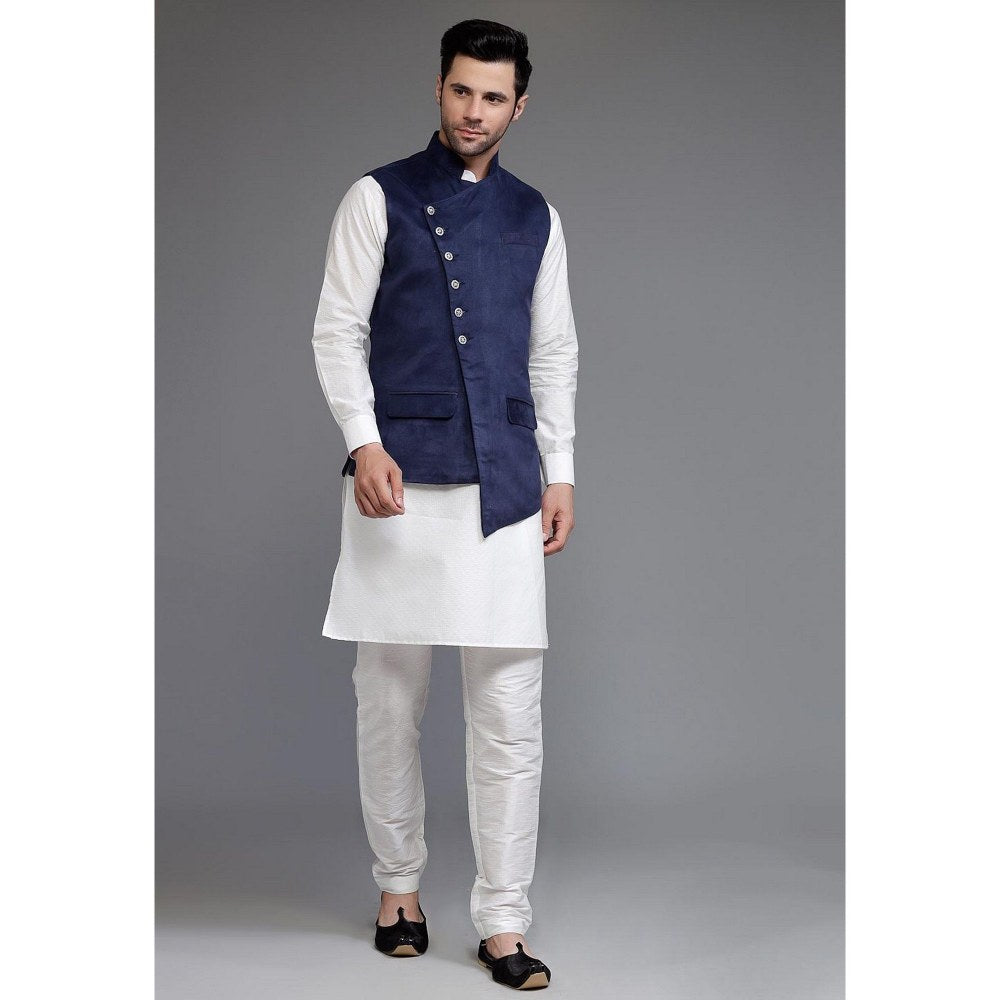 UTSAV FASHION Off White Art Silk Navy Blue Suede Kurta with Pyjama and Nehru Jacket