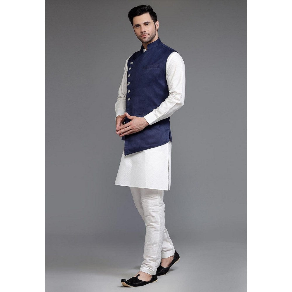 UTSAV FASHION Off White Art Silk Navy Blue Suede Kurta with Pyjama and Nehru Jacket
