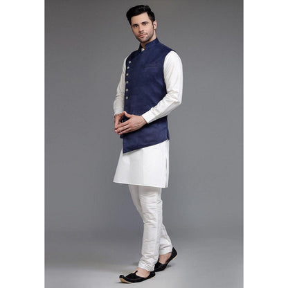 UTSAV FASHION Off White Art Silk Navy Blue Suede Kurta with Pyjama and Nehru Jacket