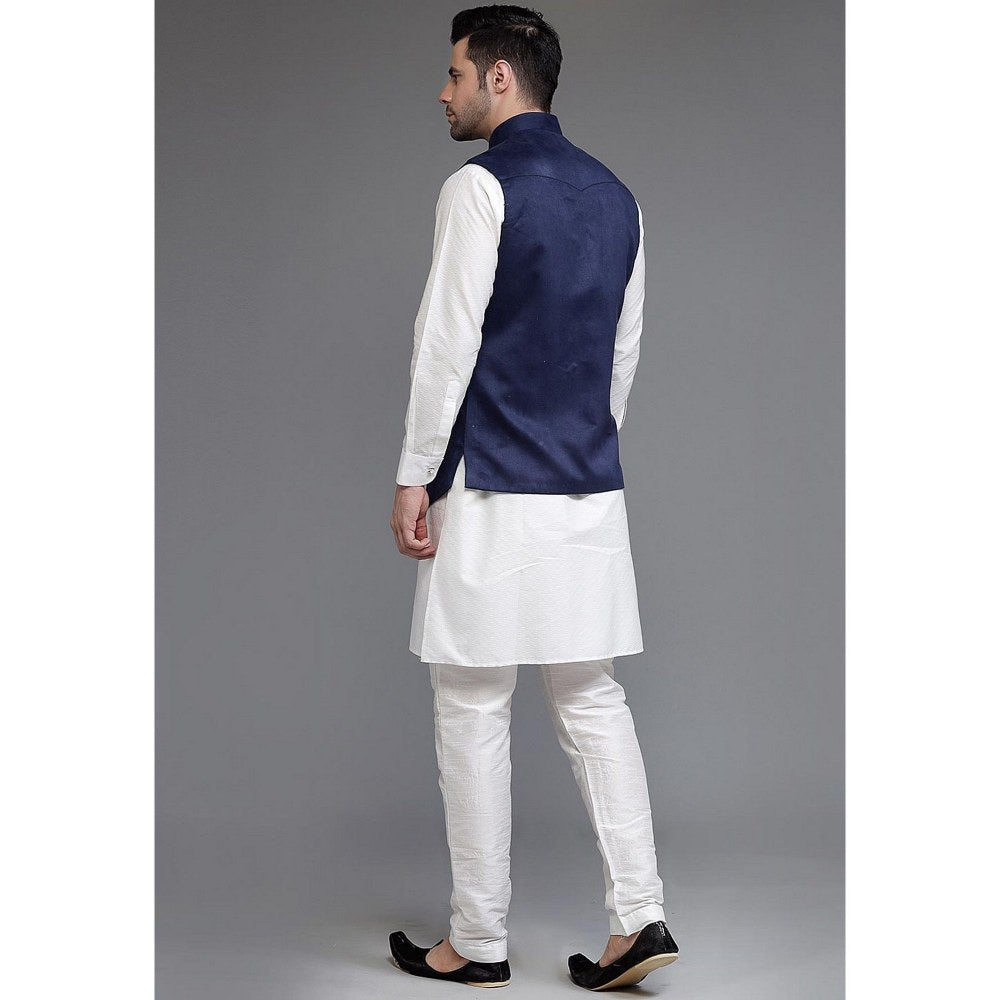 UTSAV FASHION Off White Art Silk Navy Blue Suede Kurta with Pyjama and Nehru Jacket