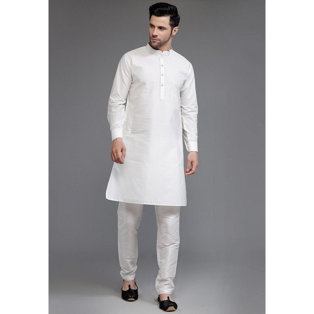 UTSAV FASHION Off White Art Silk Navy Blue Suede Kurta with Pyjama and Nehru Jacket