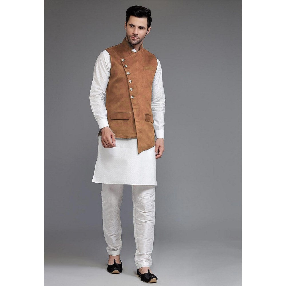 UTSAV FASHION Off White Art Silk Suede Kurta with Pyjama and Nehru Jacket