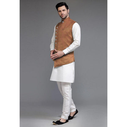 UTSAV FASHION Off White Art Silk Suede Kurta with Pyjama and Nehru Jacket