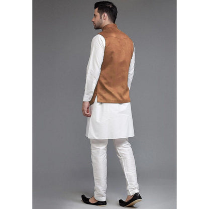 UTSAV FASHION Off White Art Silk Suede Kurta with Pyjama and Nehru Jacket