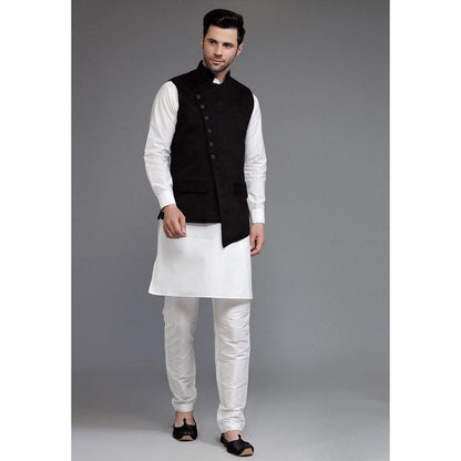 UTSAV FASHION Off White Art Silk Suede Black Kurta with Pyjama and Nehru Jacket
