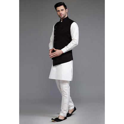 UTSAV FASHION Off White Art Silk Suede Black Kurta with Pyjama and Nehru Jacket