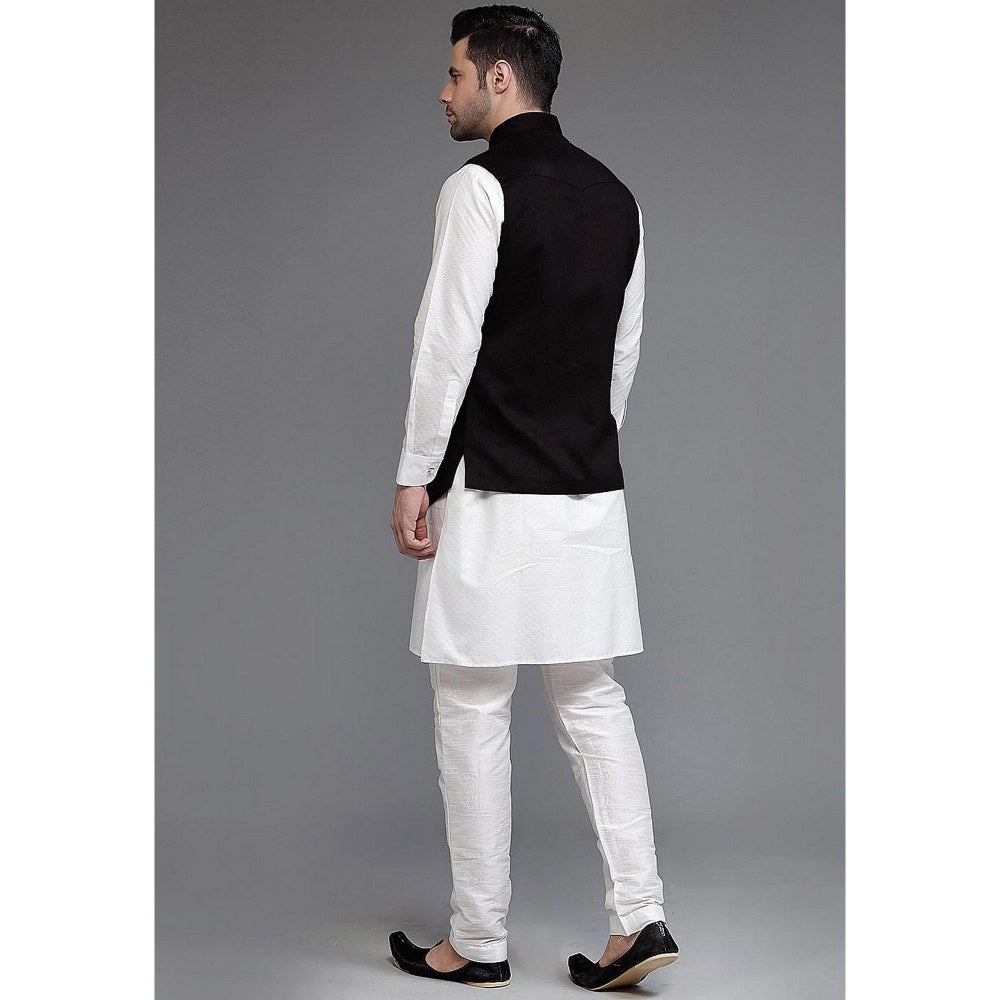 UTSAV FASHION Off White Art Silk Suede Black Kurta with Pyjama and Nehru Jacket