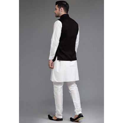 UTSAV FASHION Off White Art Silk Suede Black Kurta with Pyjama and Nehru Jacket