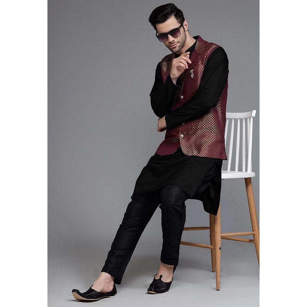 UTSAV FASHION Woven Art Silk Black Kurta with Pant and Jacket