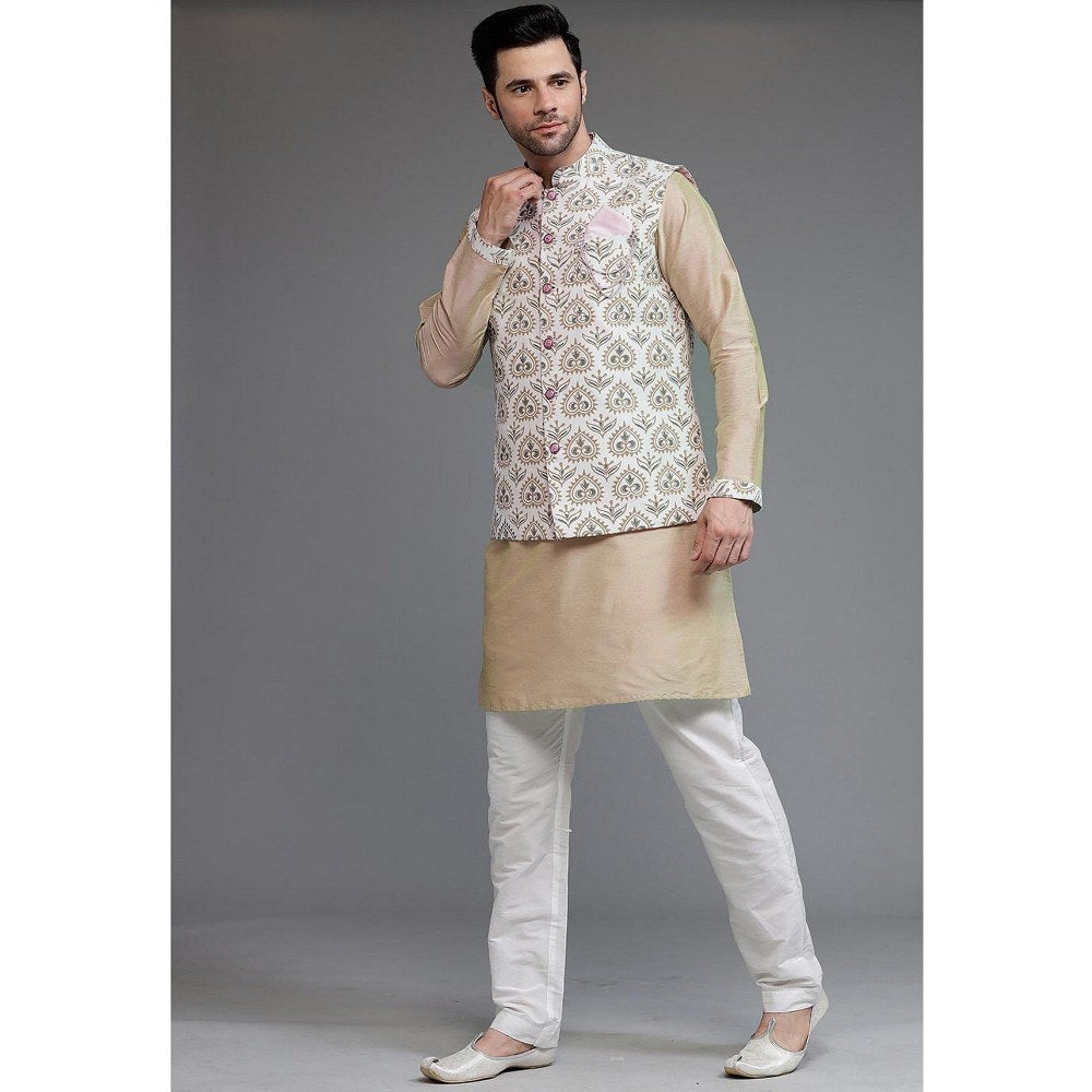 UTSAV FASHION Digital Printed Cotton Silk Beige Kurta with Pant and Jacket