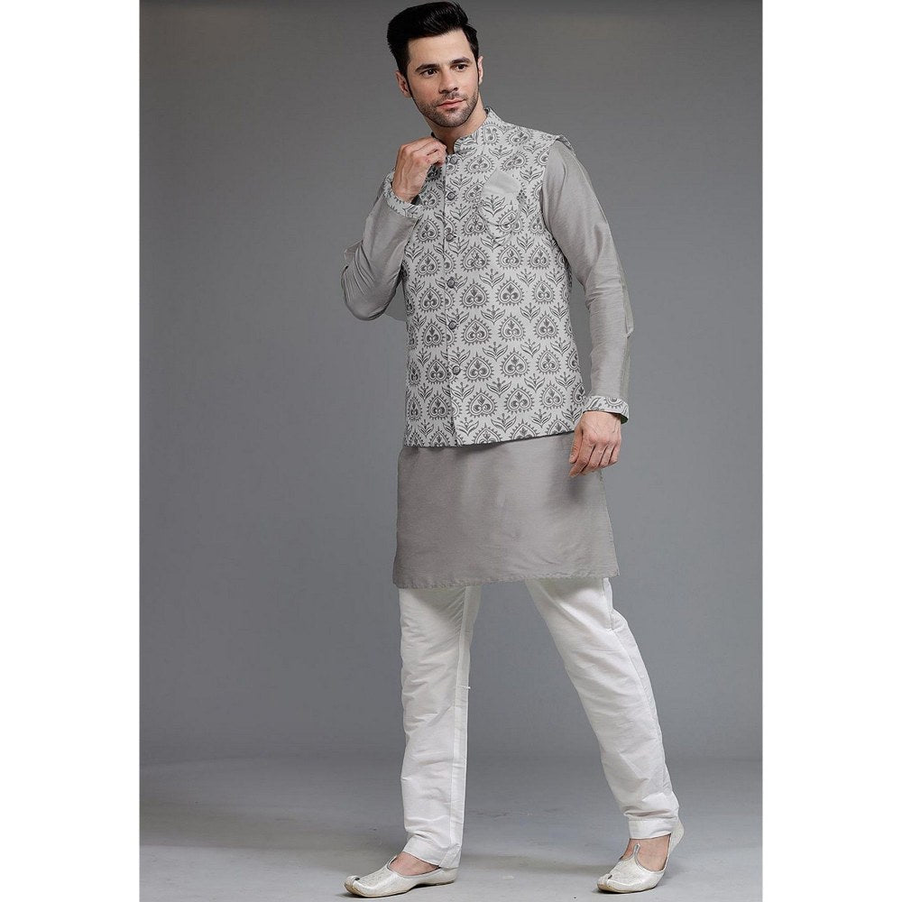 UTSAV FASHION Digital Printed Cotton Silk Grey Kurta with Pant and Jacket