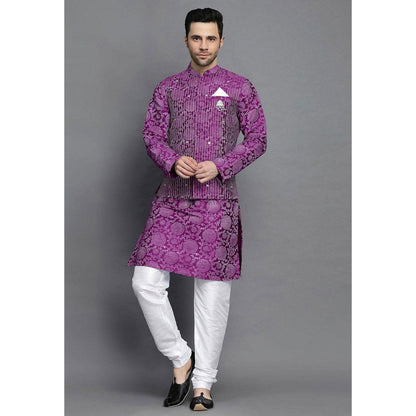UTSAV FASHION Block Printed Art Silk Purple Kurta with Churidar and Jacket