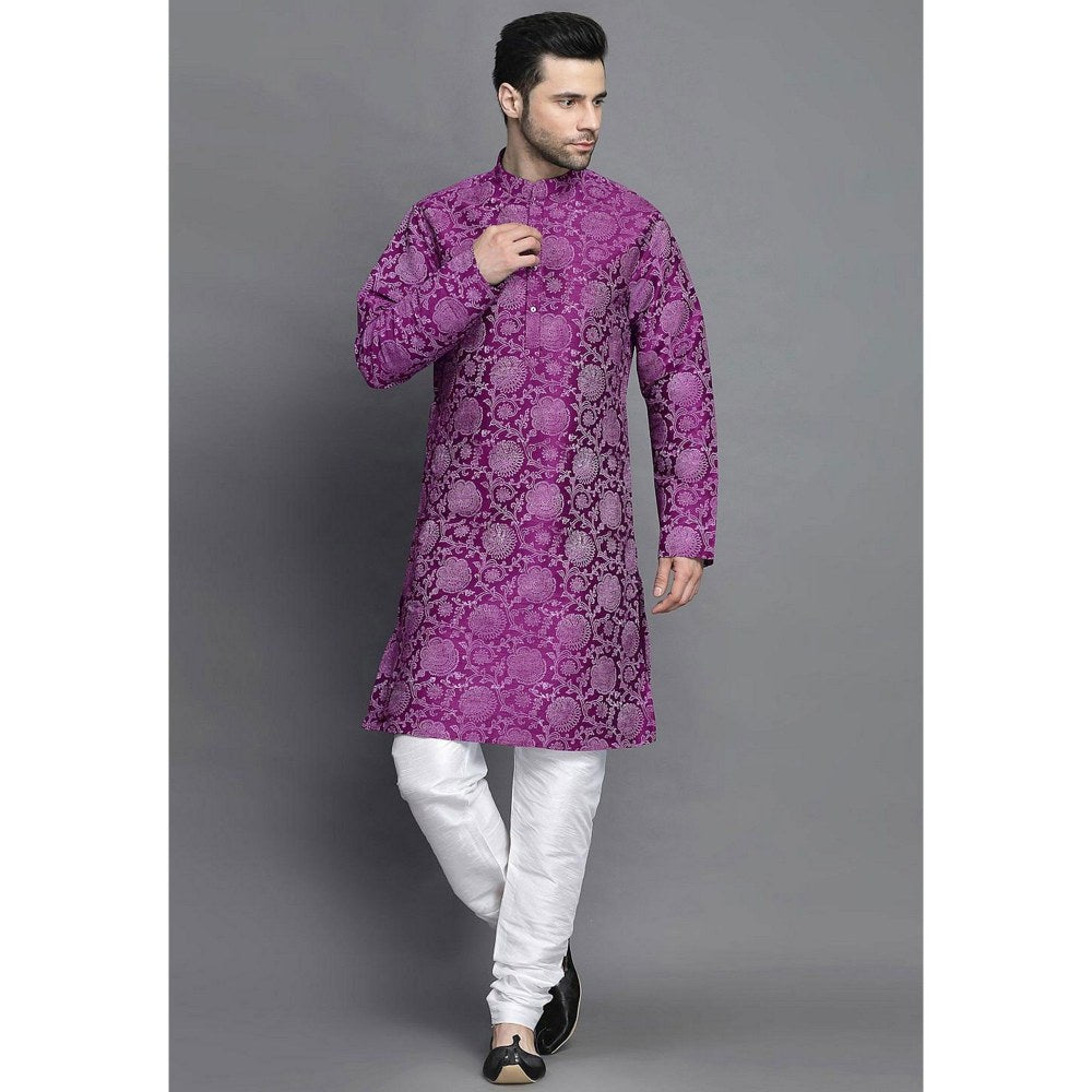 UTSAV FASHION Block Printed Art Silk Purple Kurta with Churidar and Jacket