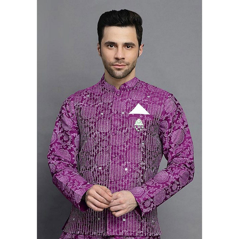 UTSAV FASHION Block Printed Art Silk Purple Kurta with Churidar and Jacket