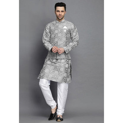 UTSAV FASHION Block Printed Art Silk Grey Kurta with Churidar and Jacket