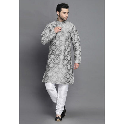 UTSAV FASHION Block Printed Art Silk Grey Kurta with Churidar and Jacket
