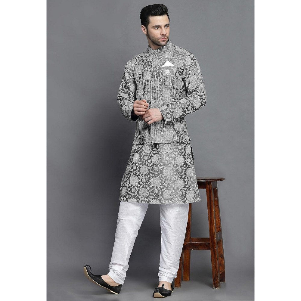 UTSAV FASHION Block Printed Art Silk Grey Kurta with Churidar and Jacket