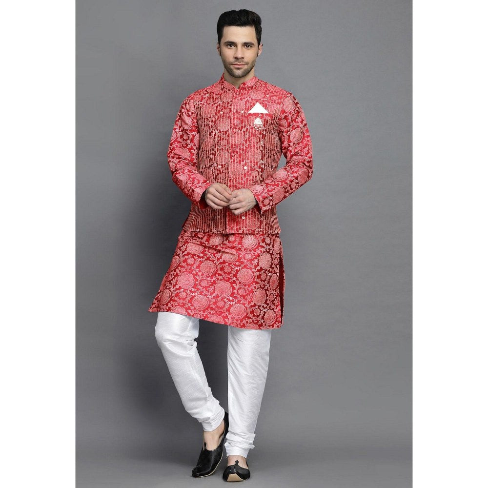UTSAV FASHION Block Printed Art Silk Red Kurta with Churidar and Jacket
