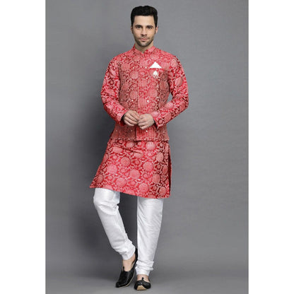 UTSAV FASHION Block Printed Art Silk Red Kurta with Churidar and Jacket