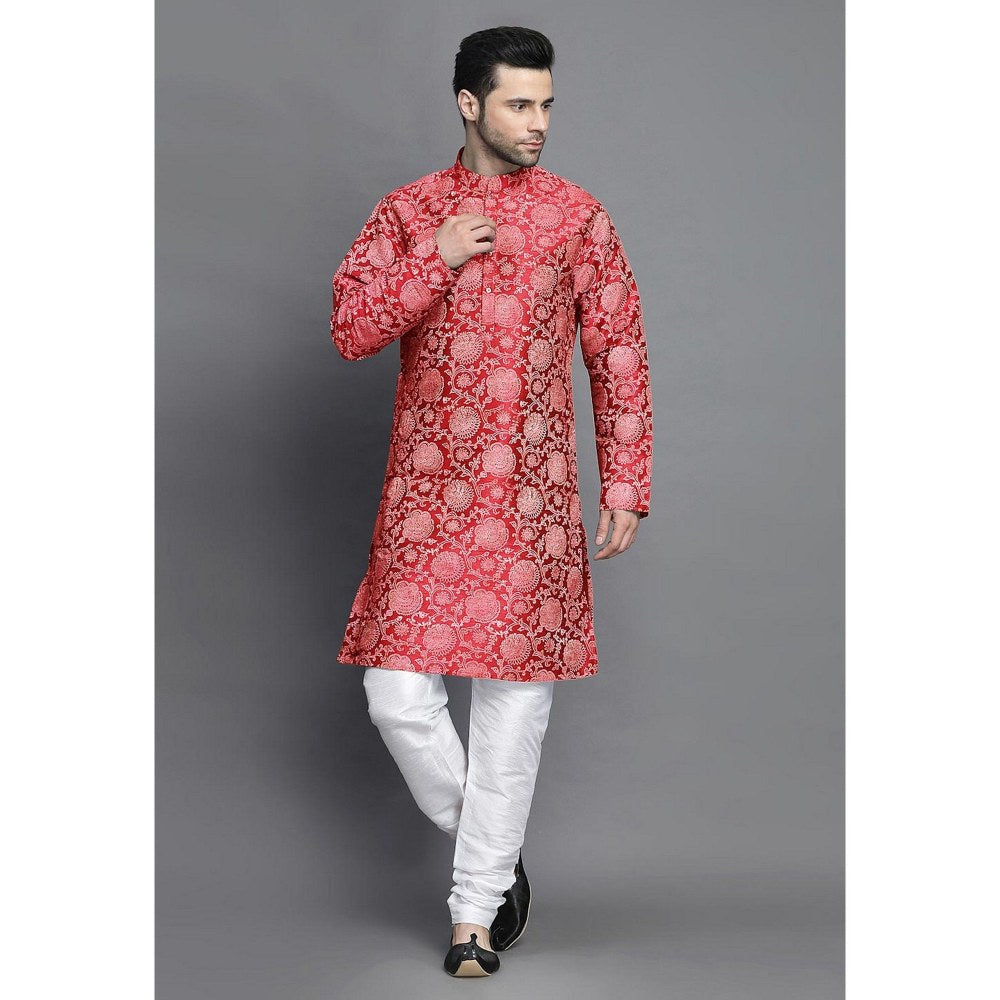UTSAV FASHION Block Printed Art Silk Red Kurta with Churidar and Jacket