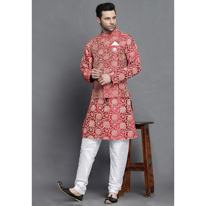 UTSAV FASHION Block Printed Art Silk Red Kurta with Churidar and Jacket
