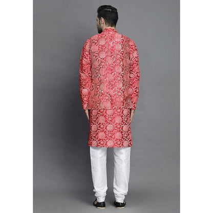 UTSAV FASHION Block Printed Art Silk Red Kurta with Churidar and Jacket