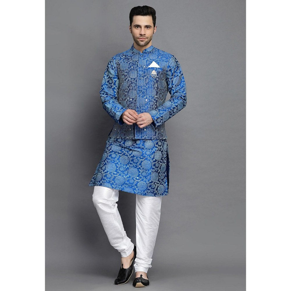UTSAV FASHION Block Printed Art Silk Blue Kurta with Churidar and Jacket