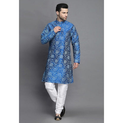 UTSAV FASHION Block Printed Art Silk Blue Kurta with Churidar and Jacket