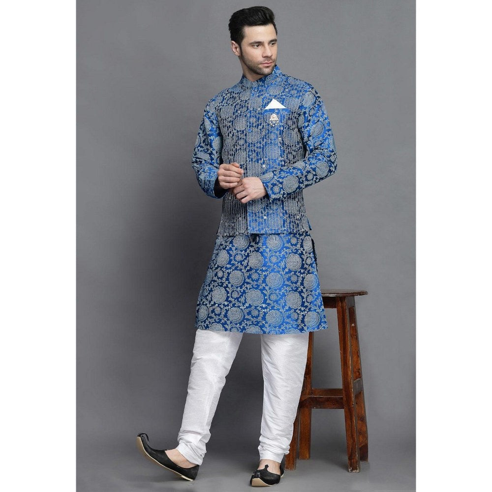 UTSAV FASHION Block Printed Art Silk Blue Kurta with Churidar and Jacket