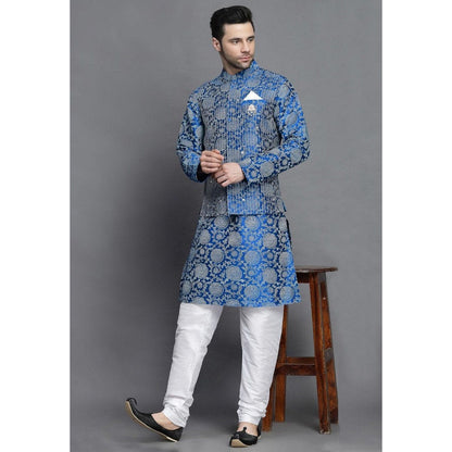 UTSAV FASHION Block Printed Art Silk Blue Kurta with Churidar and Jacket