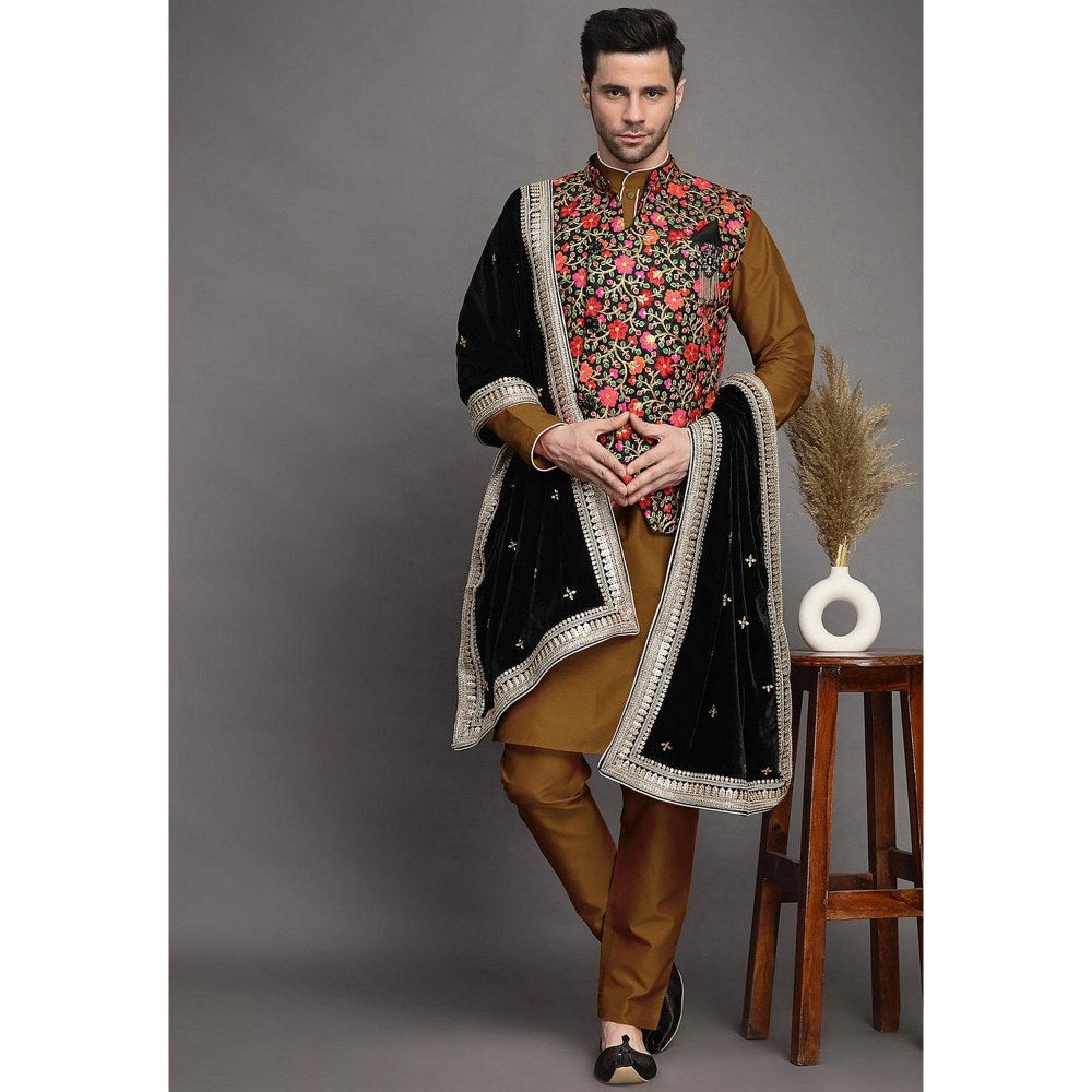 UTSAV FASHION Embroidered Art Silk Brown Kurta with Pant and Jacket