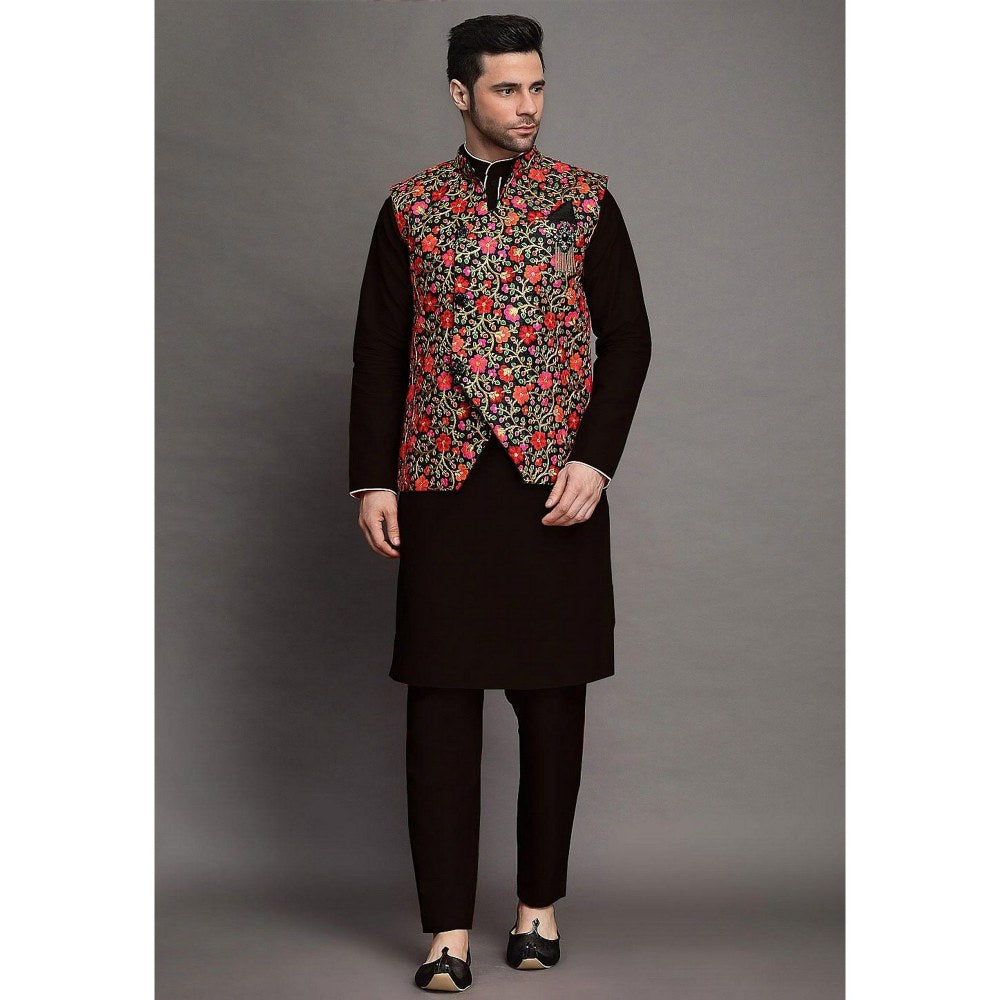 UTSAV FASHION Embroidered Art Silk Black Kurta with Pant and Jacket