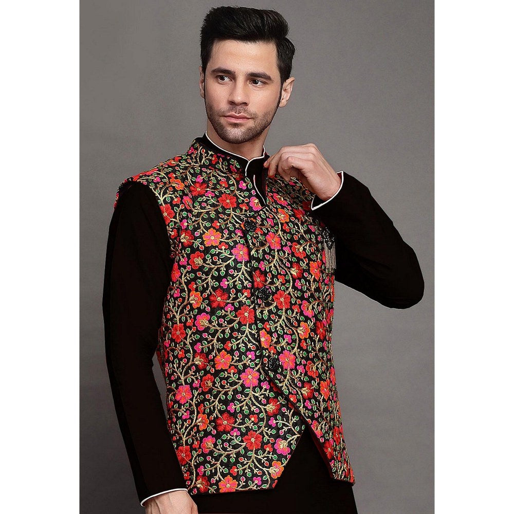 UTSAV FASHION Embroidered Art Silk Black Kurta with Pant and Jacket
