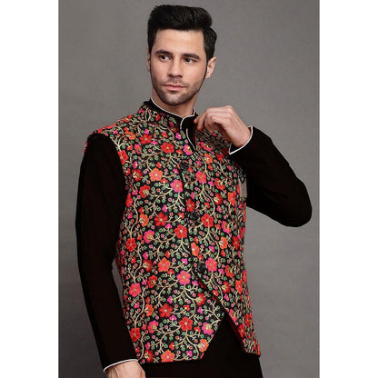 UTSAV FASHION Embroidered Art Silk Black Kurta with Pant and Jacket