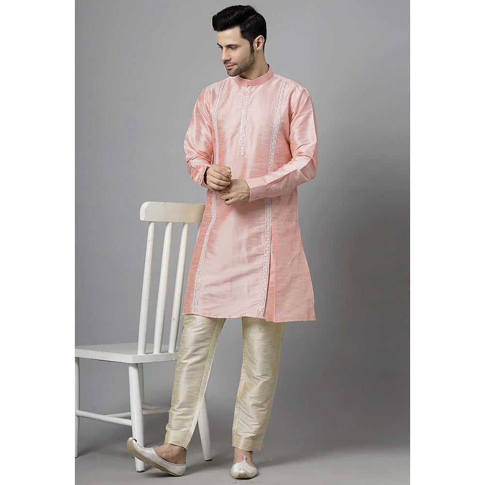 UTSAV FASHION Men Peach Embroidered High Slit Sequined Kurta and Pant