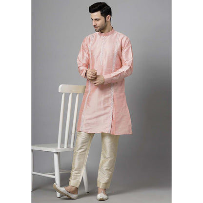 UTSAV FASHION Men Peach Embroidered High Slit Sequined Kurta and Pant